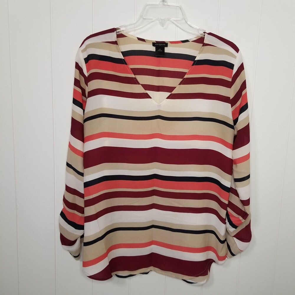 Ann Taylor Top Women's Size Medium Striped Blouse Pullover Roll Tab Sleeve